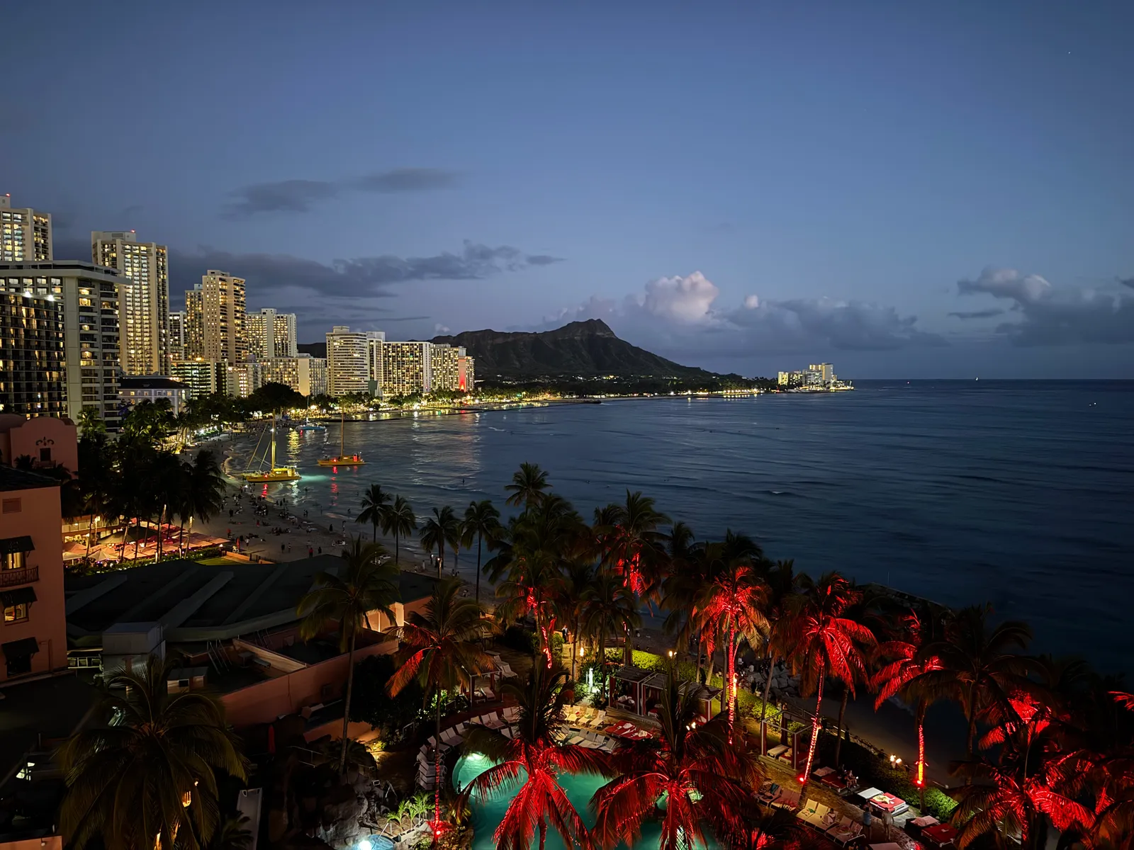 Waikiki Beach at night with Diamond Head in the background